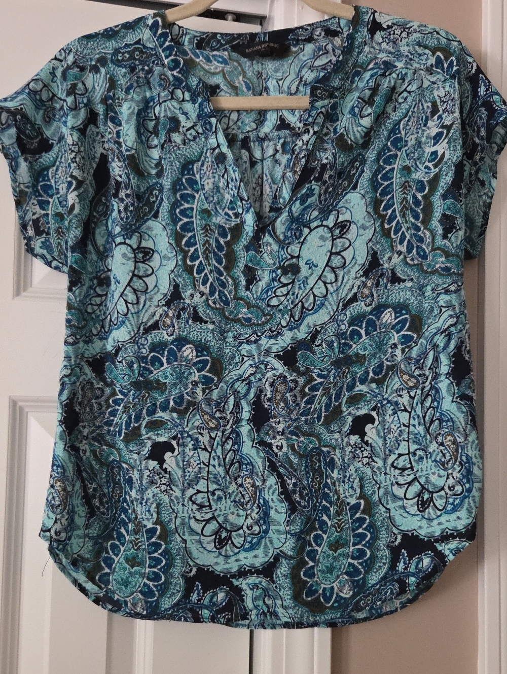 Banana Republic Teal and Navy Paisley V-Neck Blouse